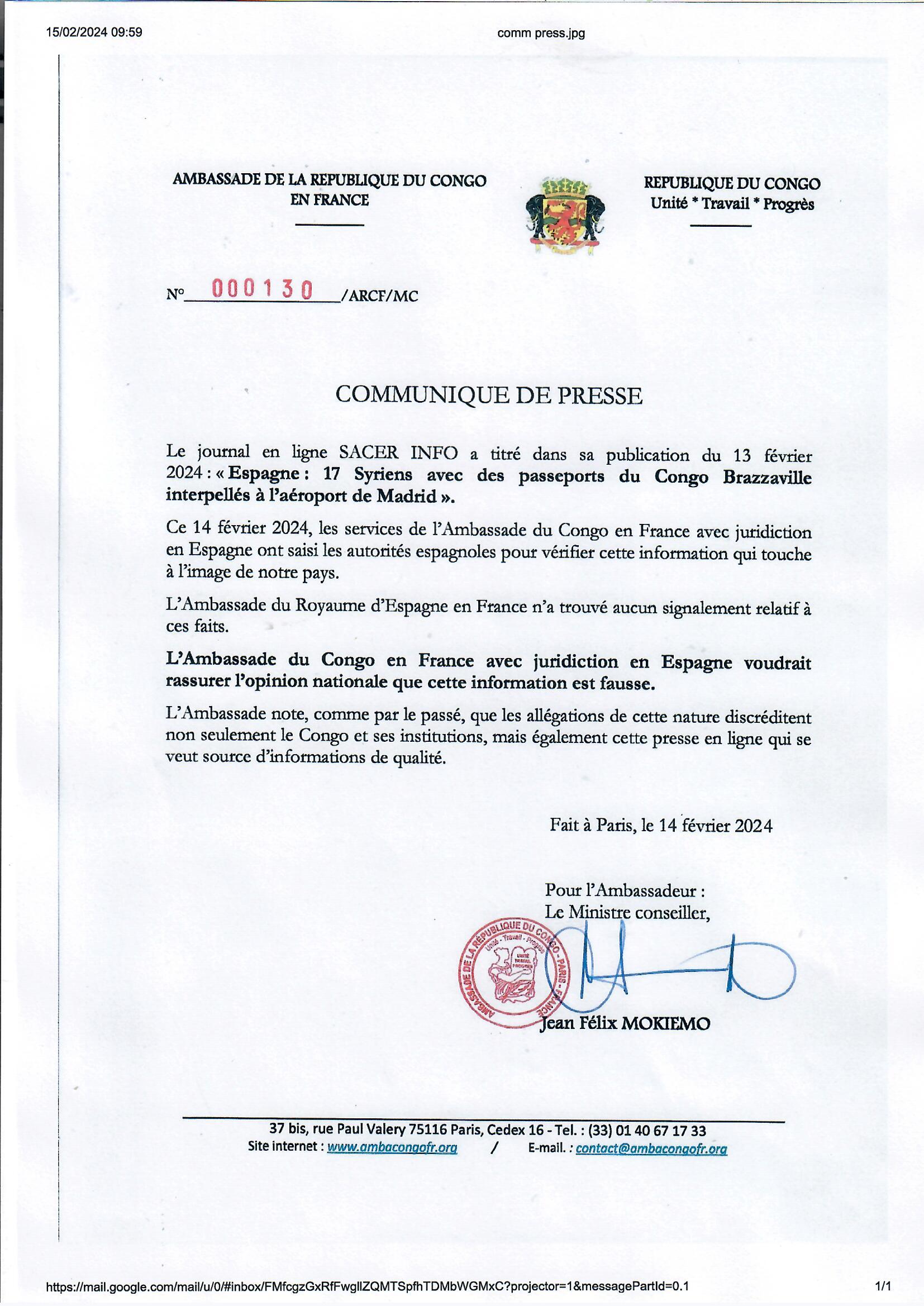 Communiqué de presse du 14 février 2024